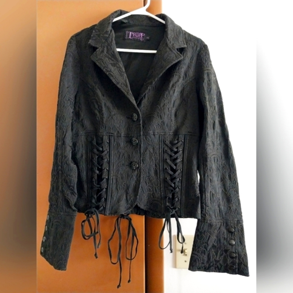 Vintage Y2K Tripp nyc black brocade corset lace-up victorian vampire jacket - Picture 4 of 12